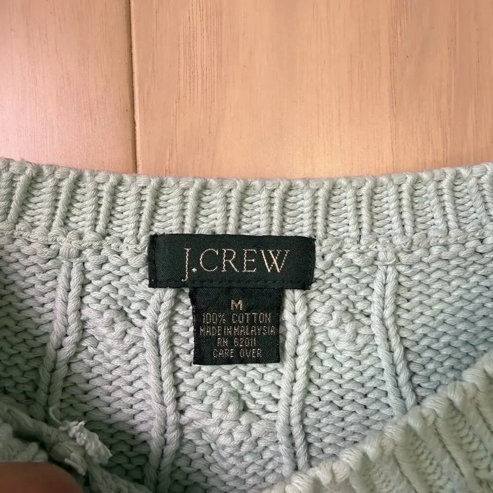 J Crew Cable Knit Sweater Women's Medium Teal Cotton Pullover Minimalist NYC